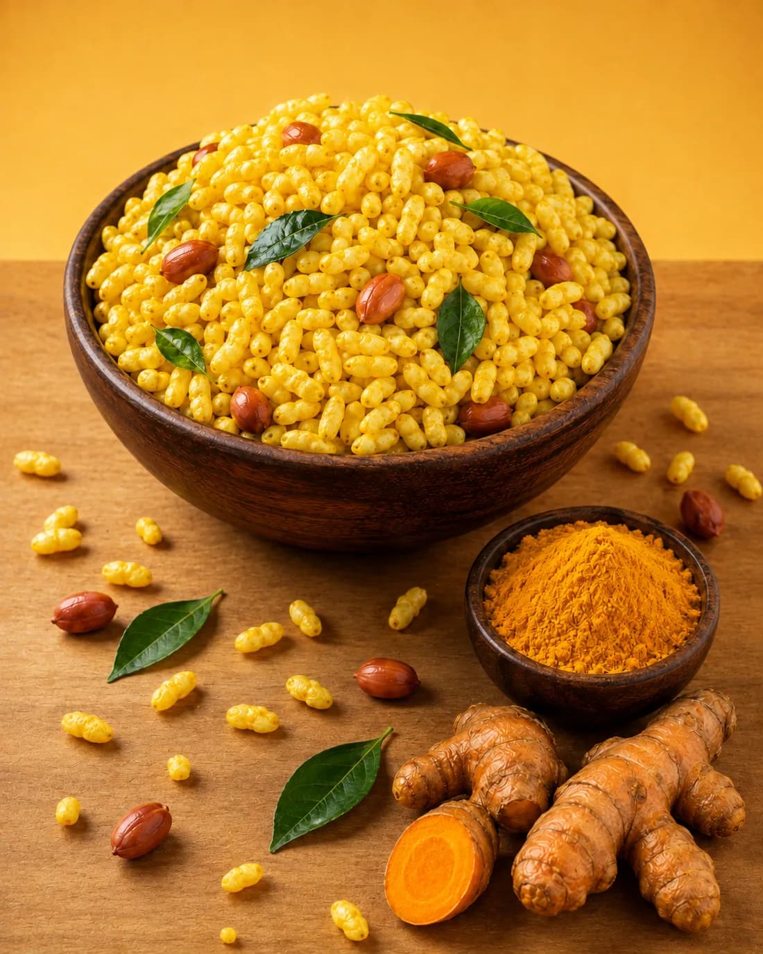 A generous bowl of Kolhapuri Jay Amba Bhadang with roasted peanuts and curry leaves, beside a bowl of turmeric powder and fresh turmeric root