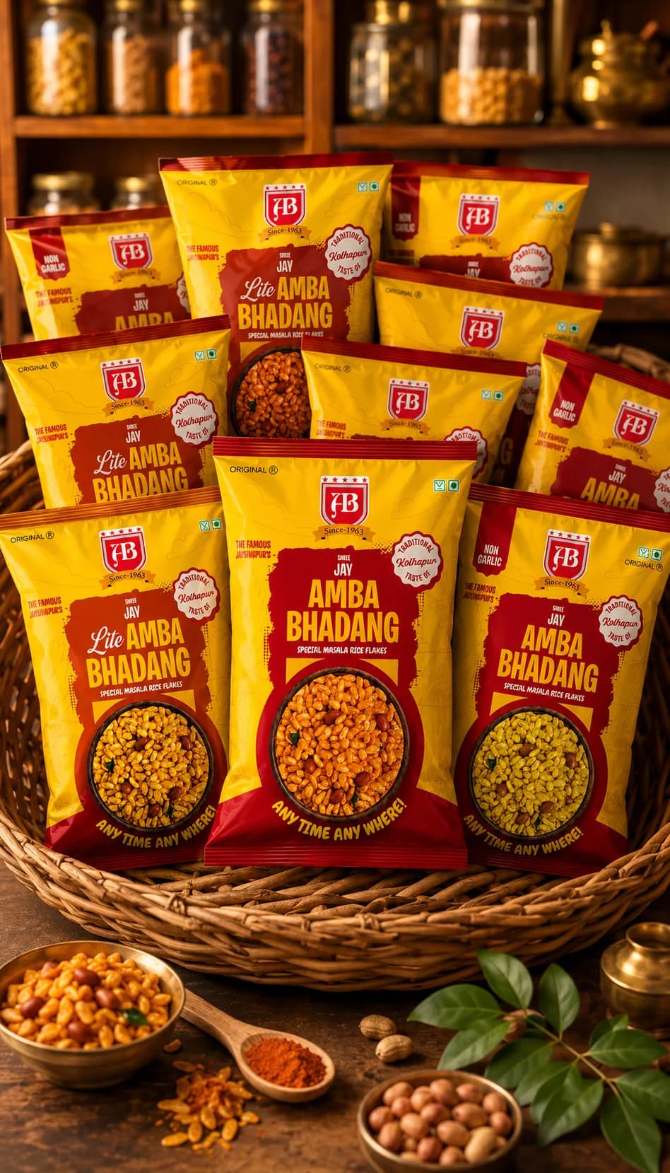 @jayambabhadang post, a basket stocked with Jay Amba Bhadang packs