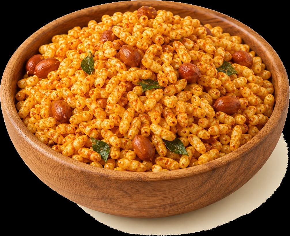 A bowl of crunchy Jay Amba Bhadang bhadang with roasted peanuts